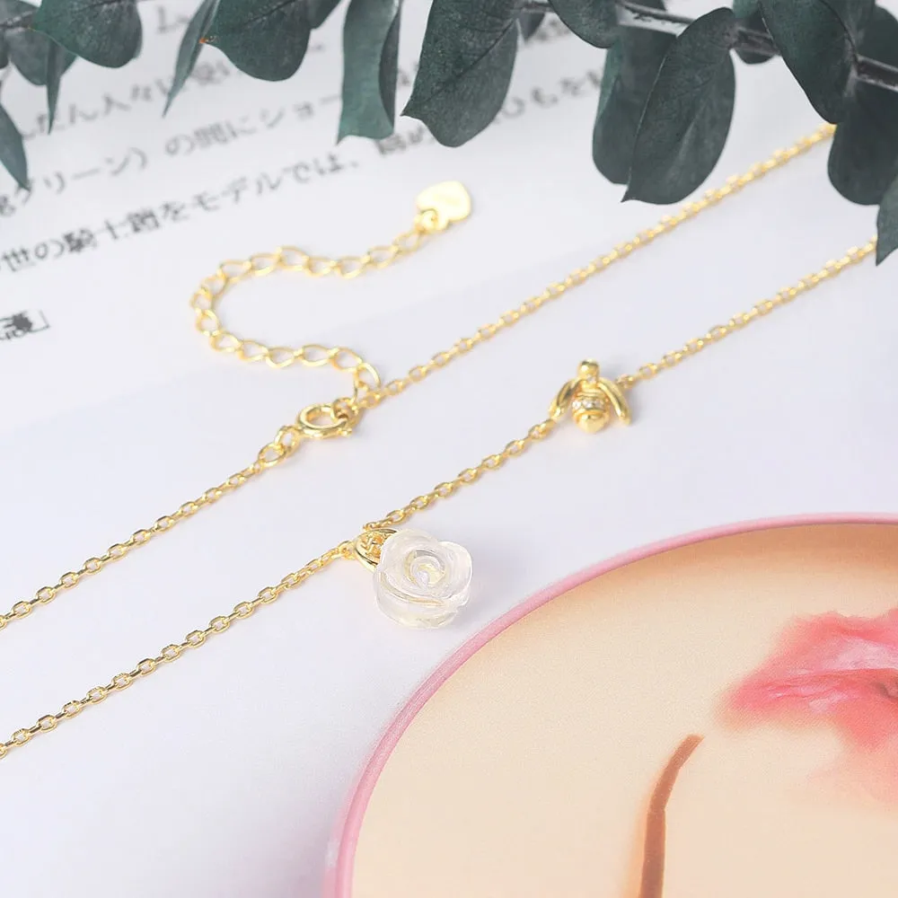 Rose & Bee Quartz Gemstone 14K Gold Plated Pendant