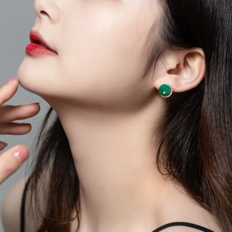 Round Malachite Star Moon Zircon Sterling Silver Stud Earrings