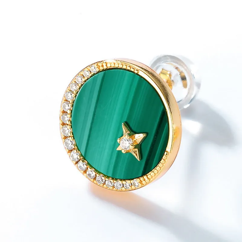 Round Malachite Star Moon Zircon Sterling Silver Stud Earrings