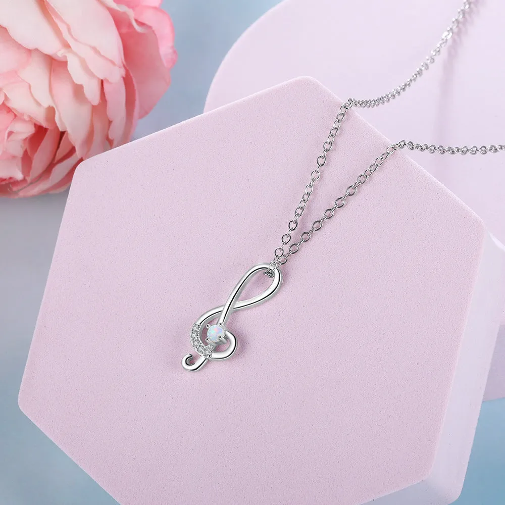 Round Opal Zircon Music Symbol Sterling Silver Necklace
