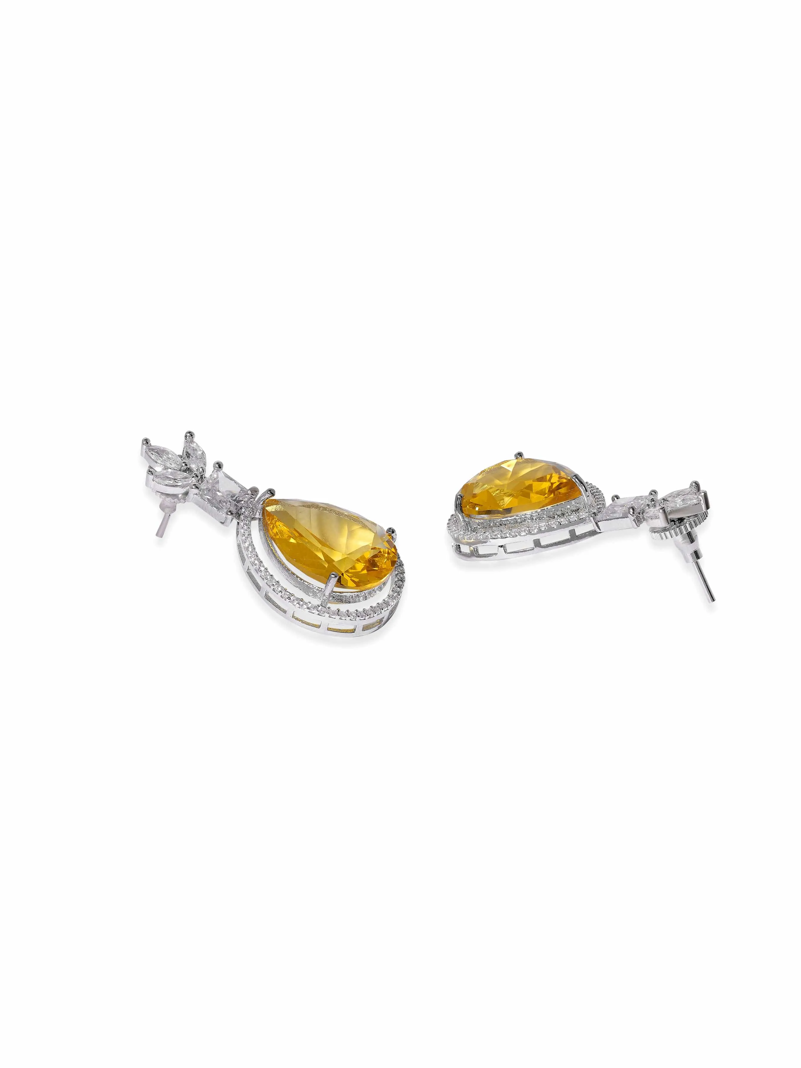 Rubans Rhodium-plated Yellow Sapphire Teardrop Pendant Zirconia Pendant Necklace Set