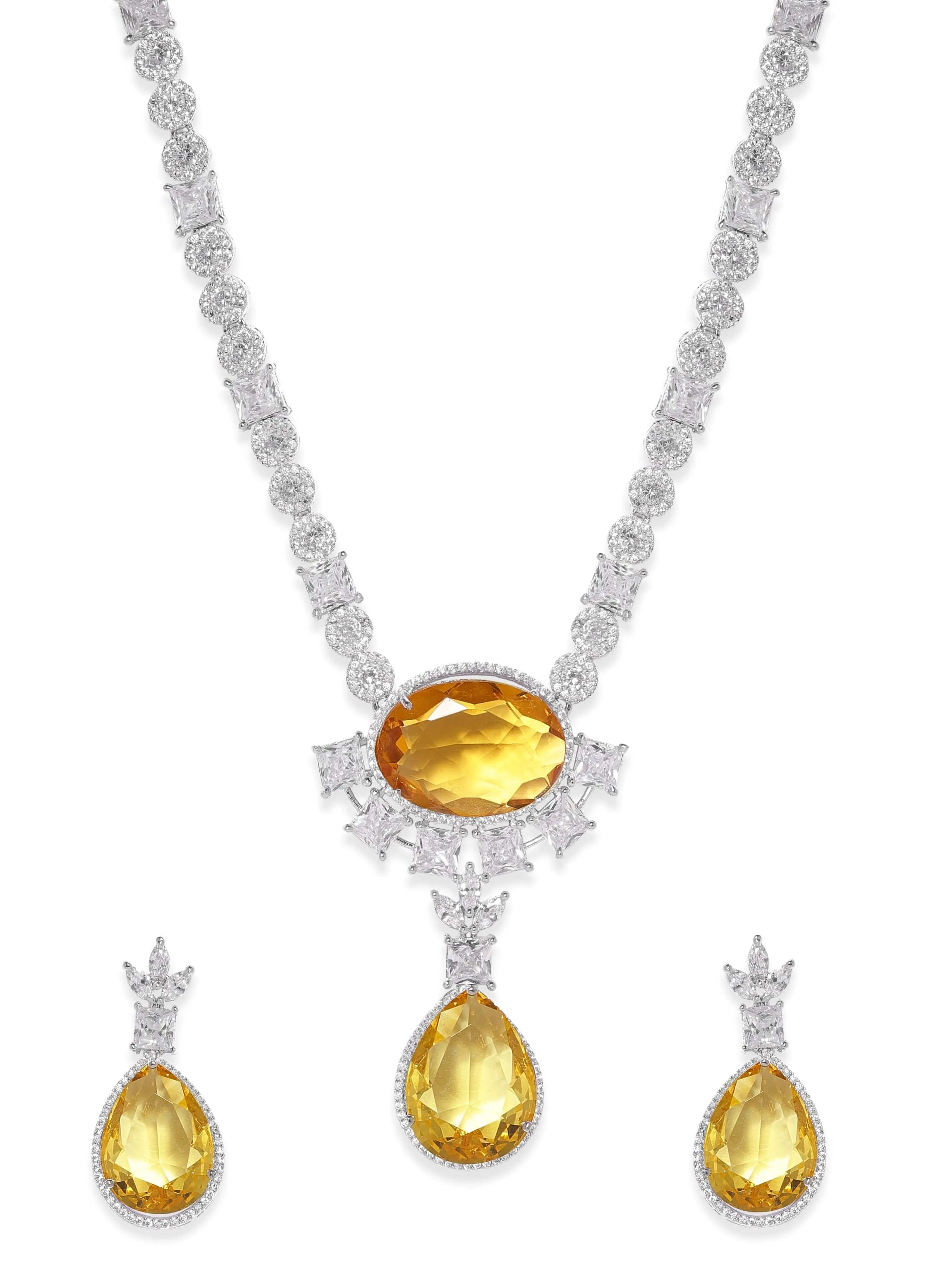 Rubans Rhodium-plated Yellow Sapphire Teardrop Pendant Zirconia Pendant Necklace Set