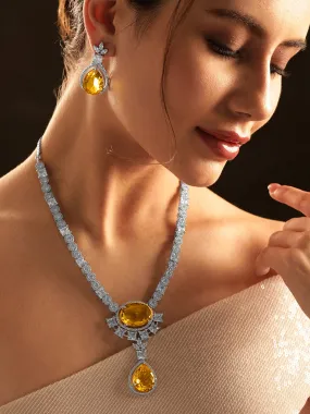 Rubans Rhodium-plated Yellow Sapphire Teardrop Pendant Zirconia Pendant Necklace Set