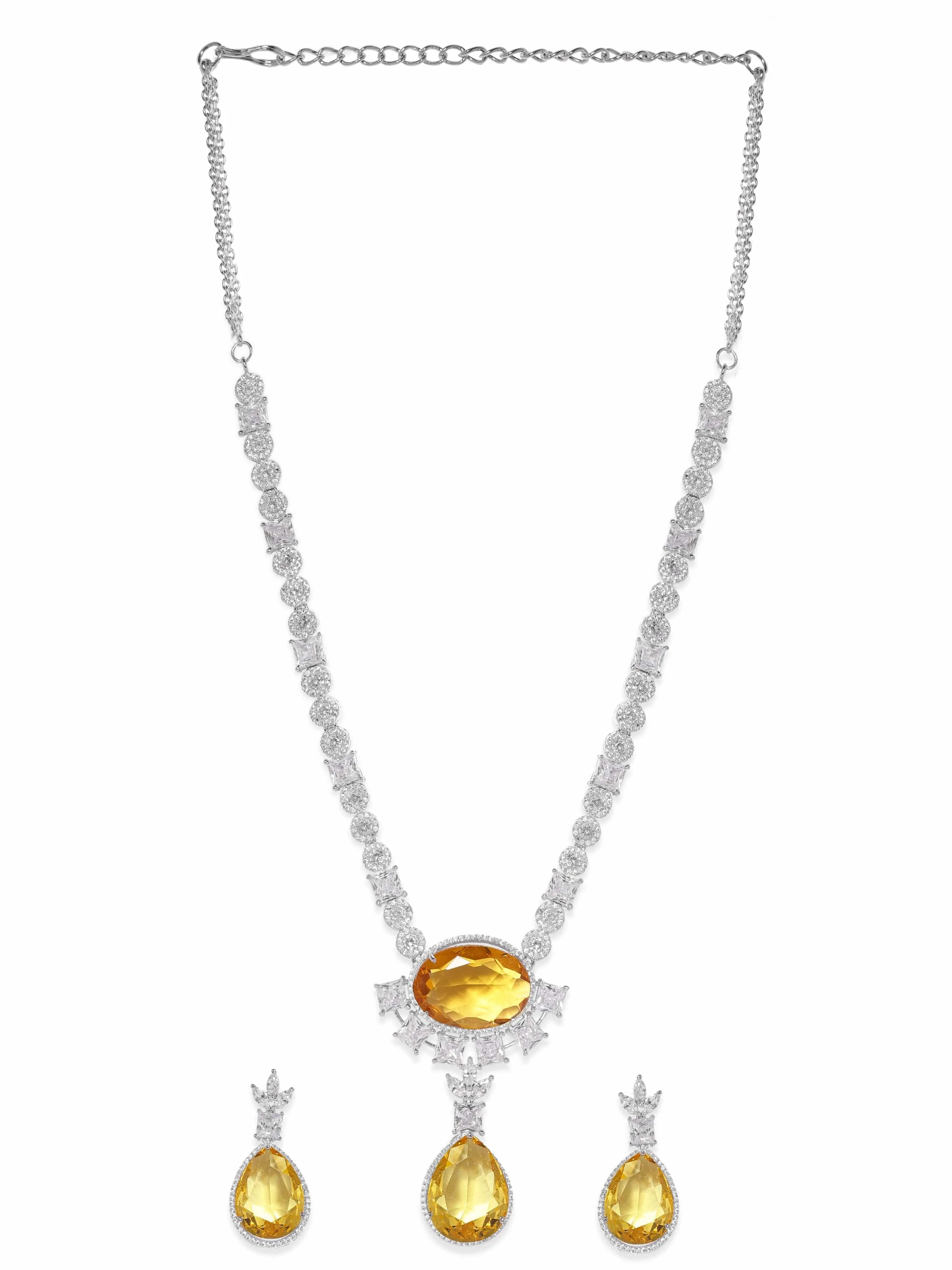 Rubans Rhodium-plated Yellow Sapphire Teardrop Pendant Zirconia Pendant Necklace Set