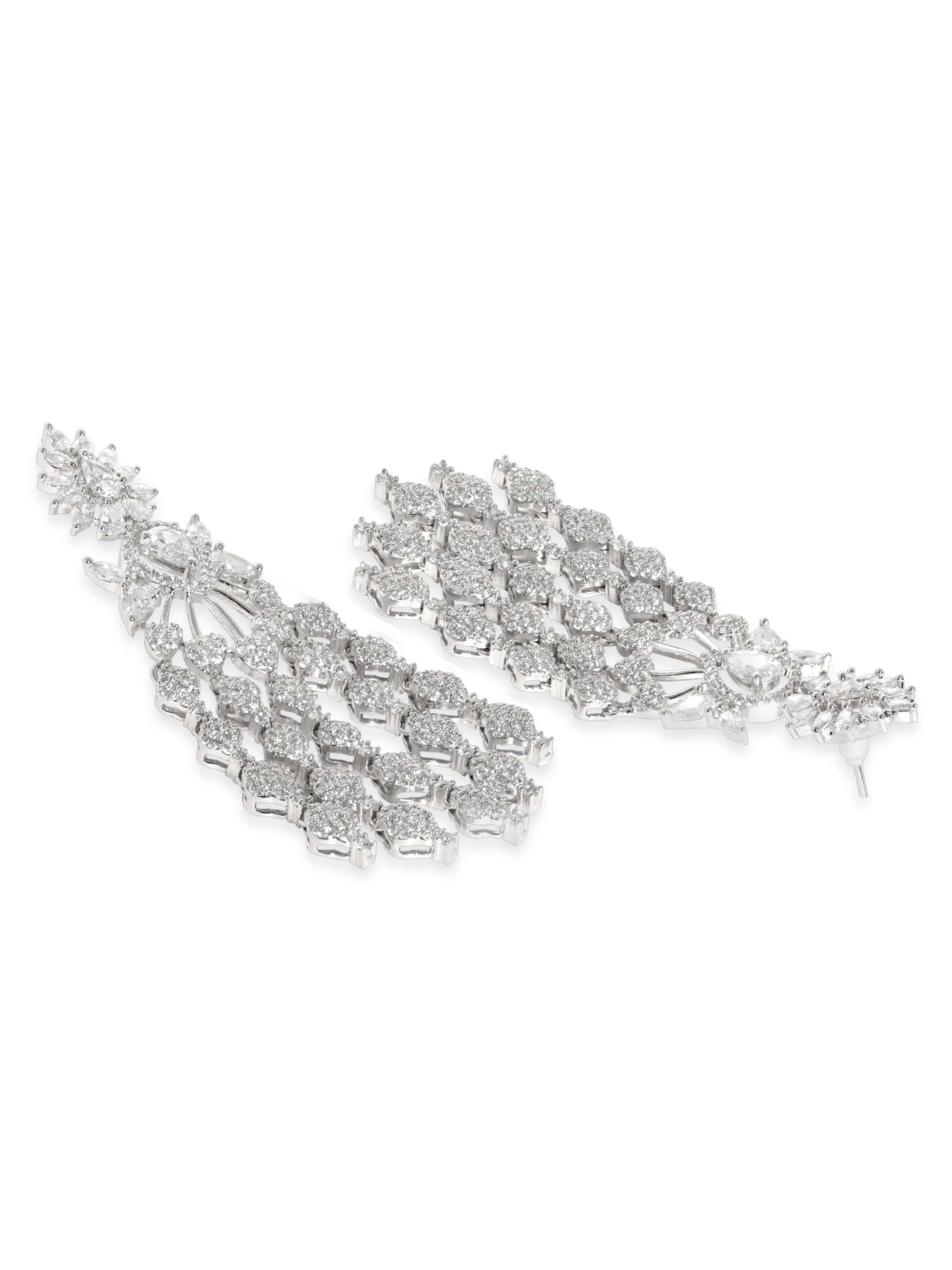 Rubans Rhodium plated Zirconia Pave Studded Drop Statement Earrings