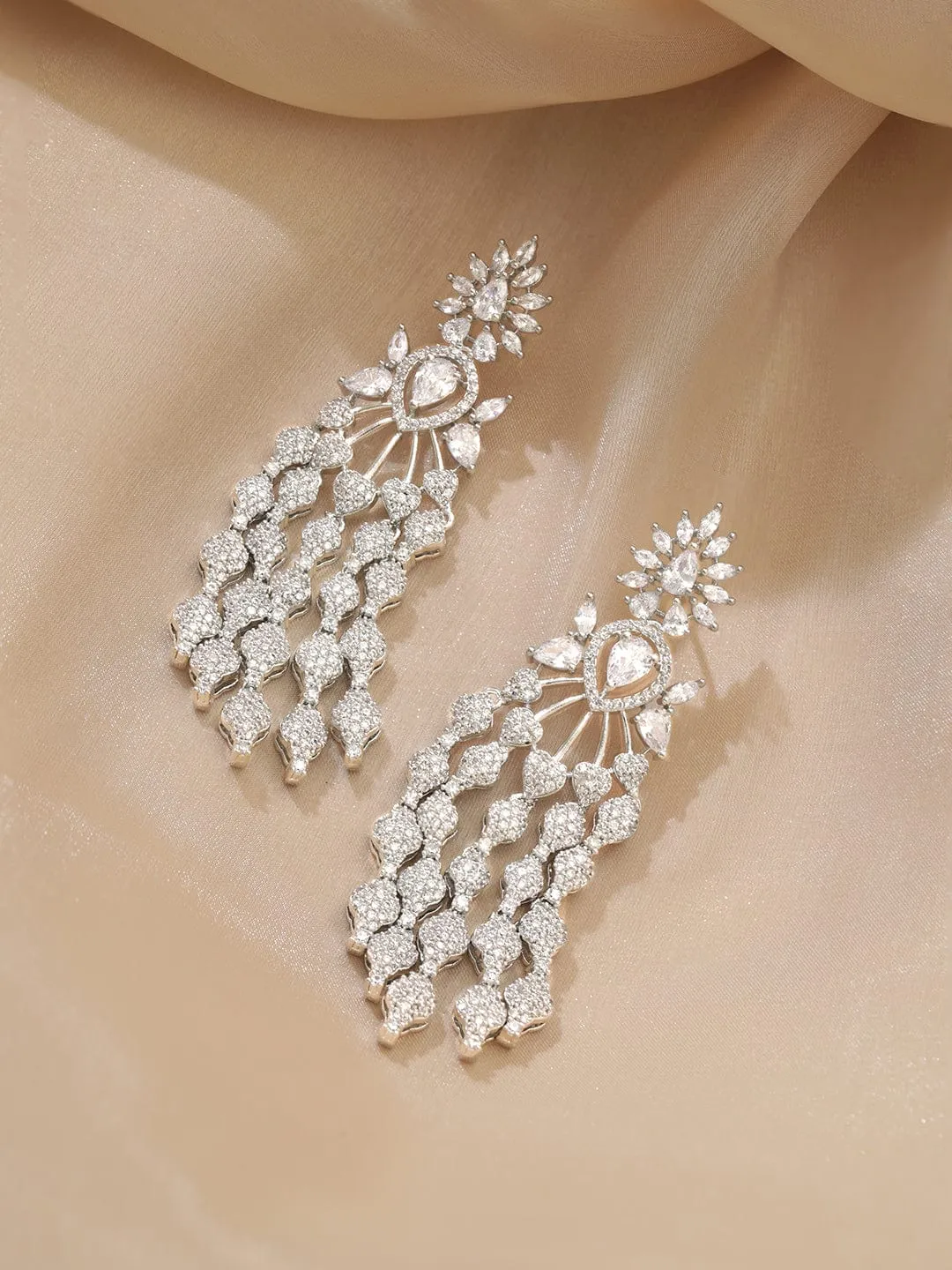Rubans Rhodium plated Zirconia Pave Studded Drop Statement Earrings
