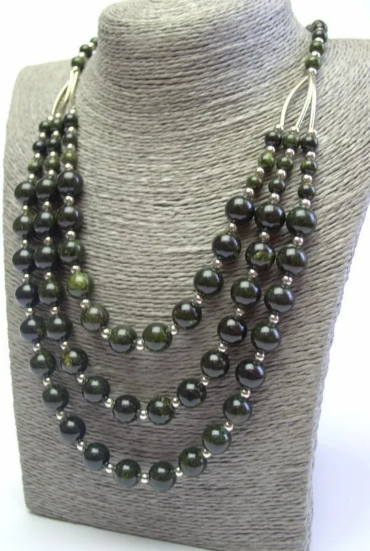 Russian Serpentine Beaded Necklace Dark Green Necklace Multi Strand Necklace Natural birds eye necklace Genuine serpentine jewelry