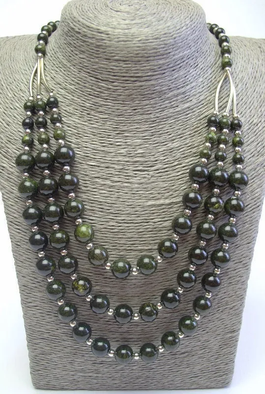 Russian Serpentine Beaded Necklace Dark Green Necklace Multi Strand Necklace Natural birds eye necklace Genuine serpentine jewelry