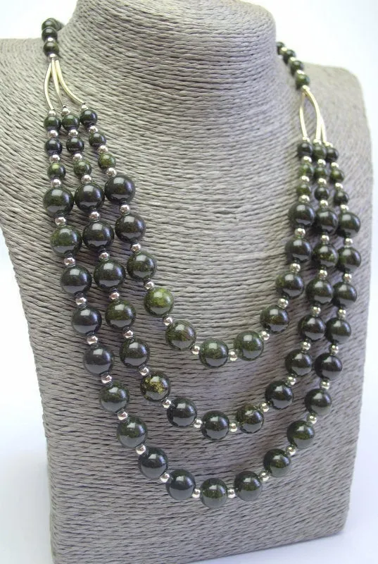 Russian Serpentine Beaded Necklace Dark Green Necklace Multi Strand Necklace Natural birds eye necklace Genuine serpentine jewelry