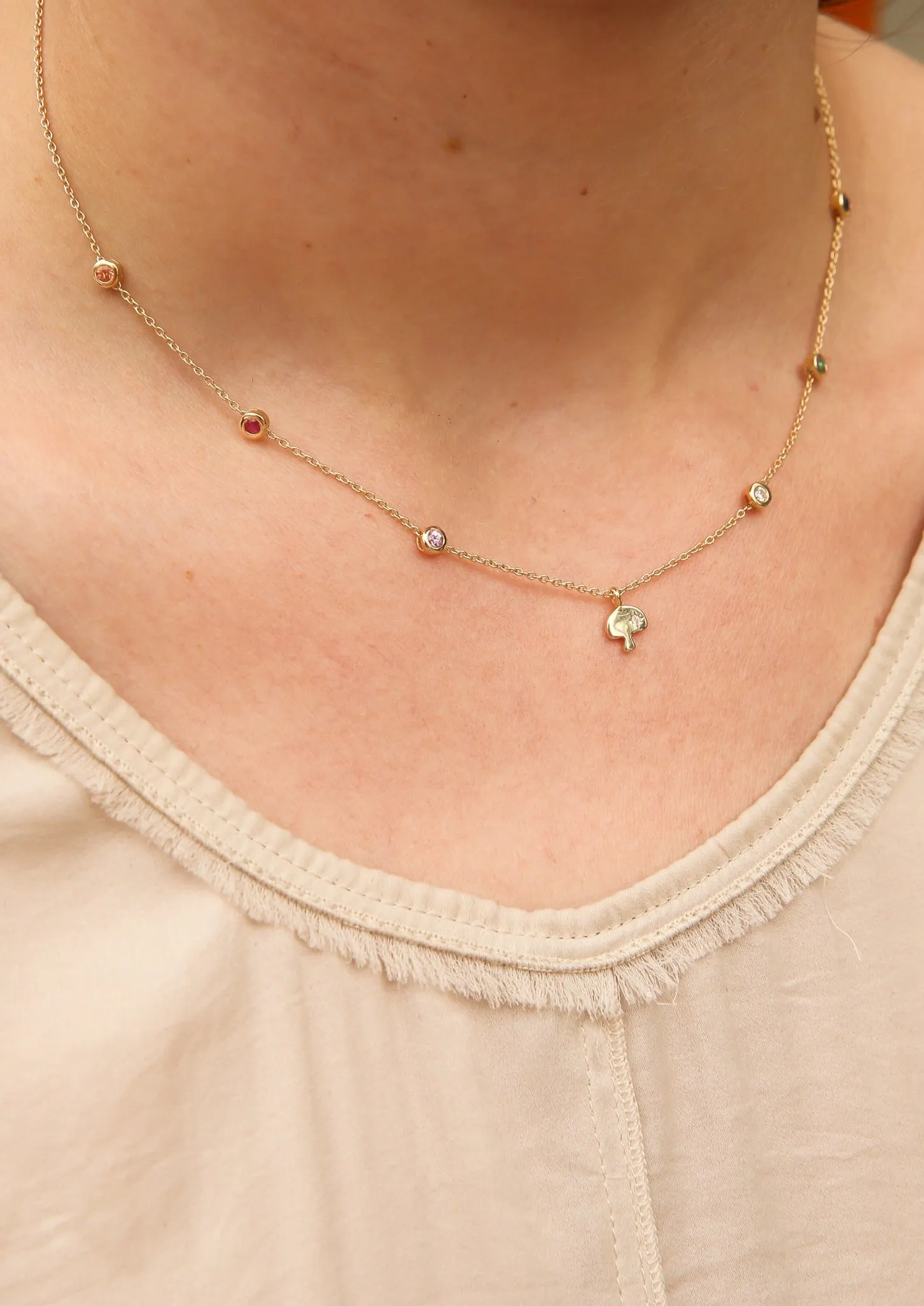 Shroom Charm and Gemstone Bezel Station Necklace
