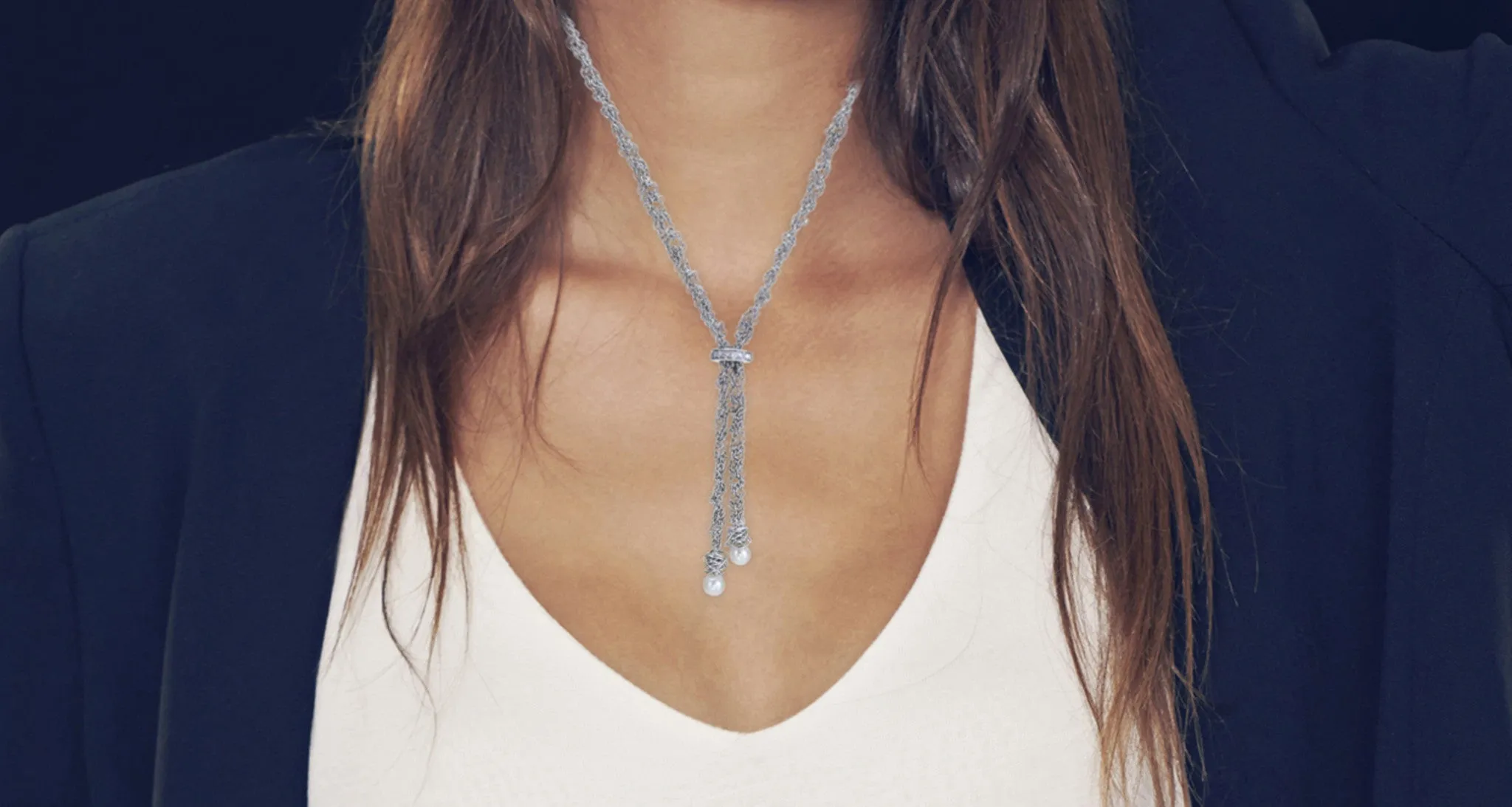Silver, Diamond & Pearl Lariat Necklace