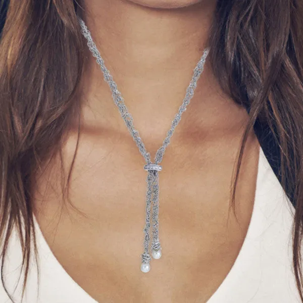 Silver, Diamond & Pearl Lariat Necklace