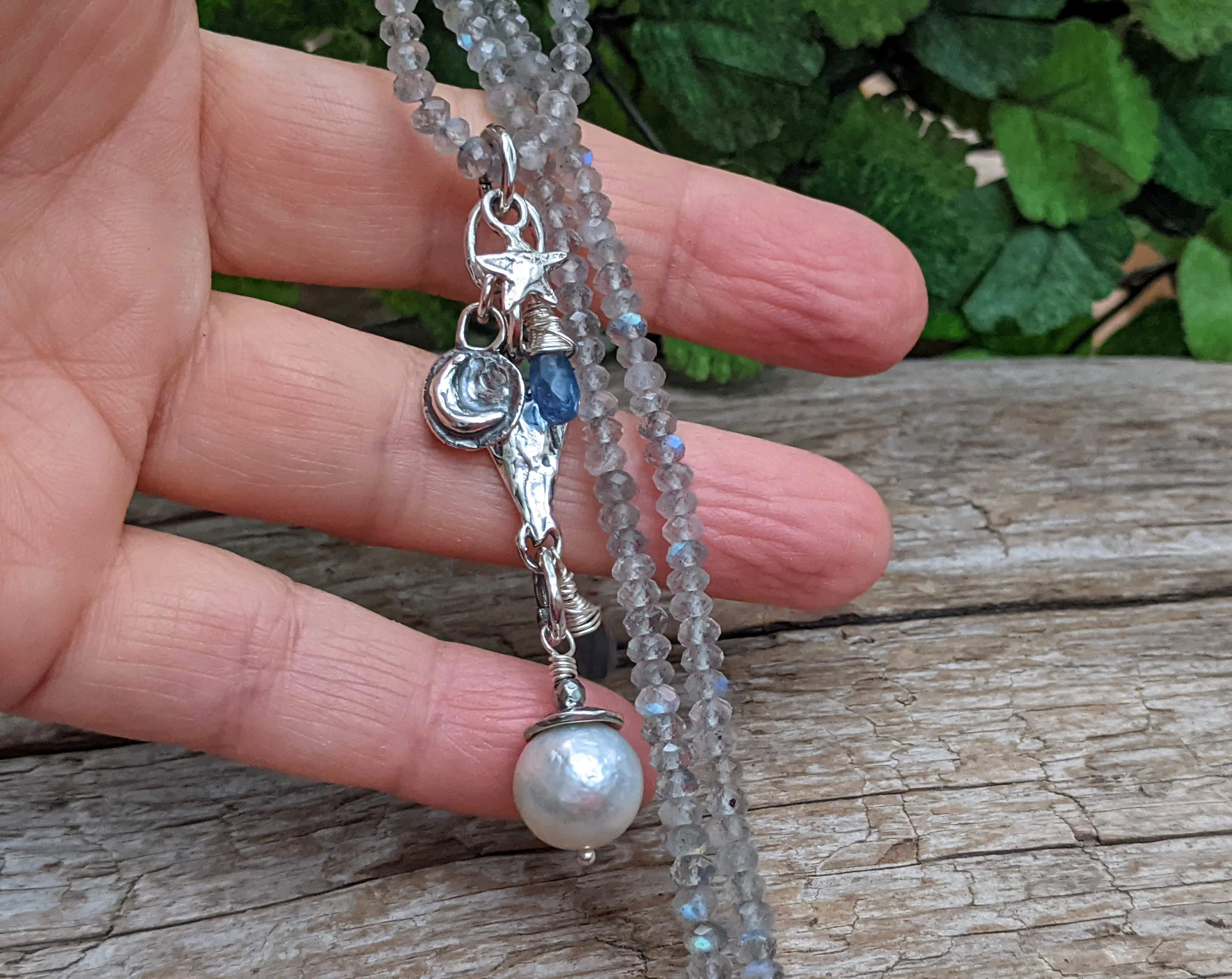 Silver Labradorite Necklace with White Edison Pearl, Crescent Moon & Star Pendant