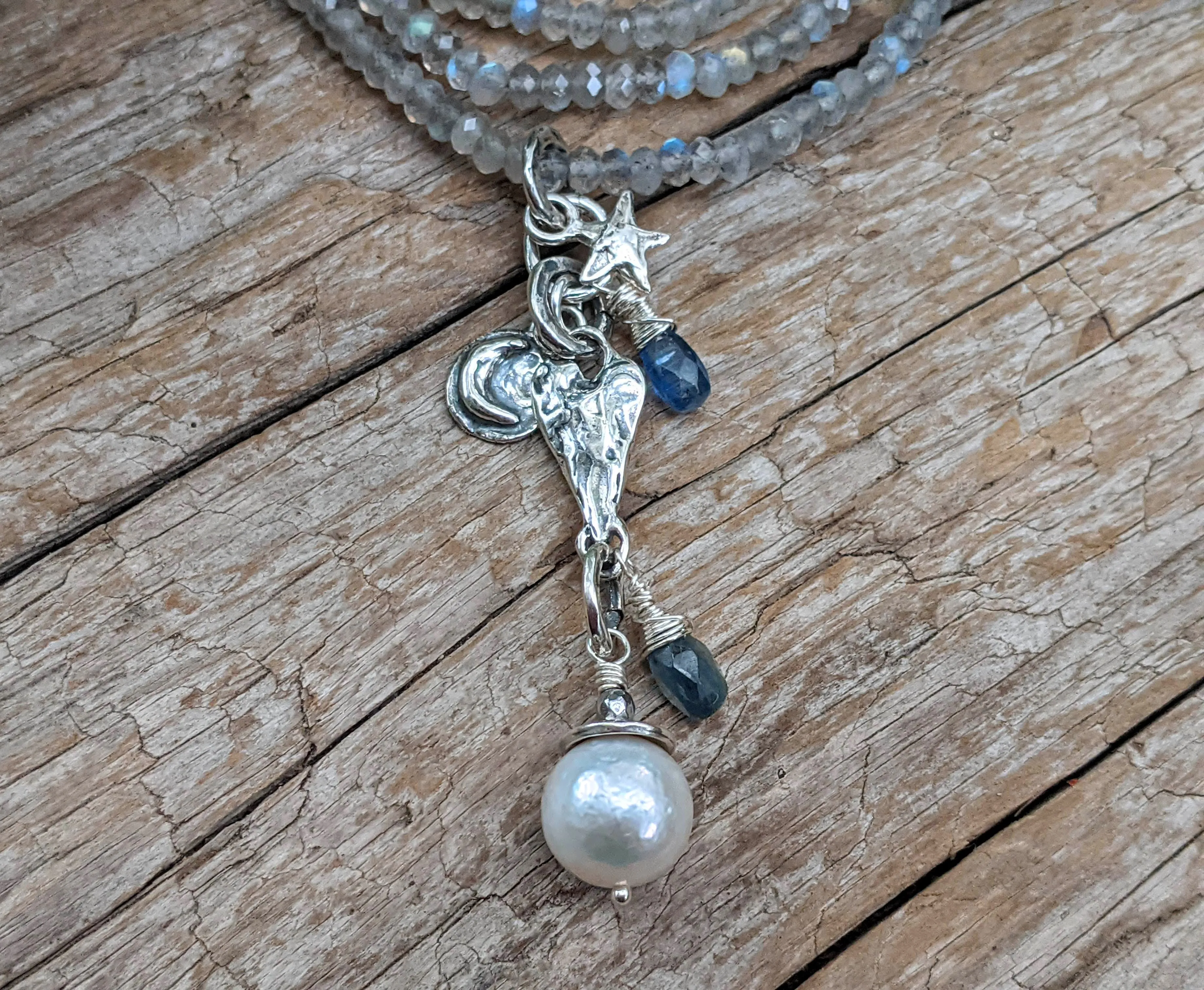 Silver Labradorite Necklace with White Edison Pearl, Crescent Moon & Star Pendant