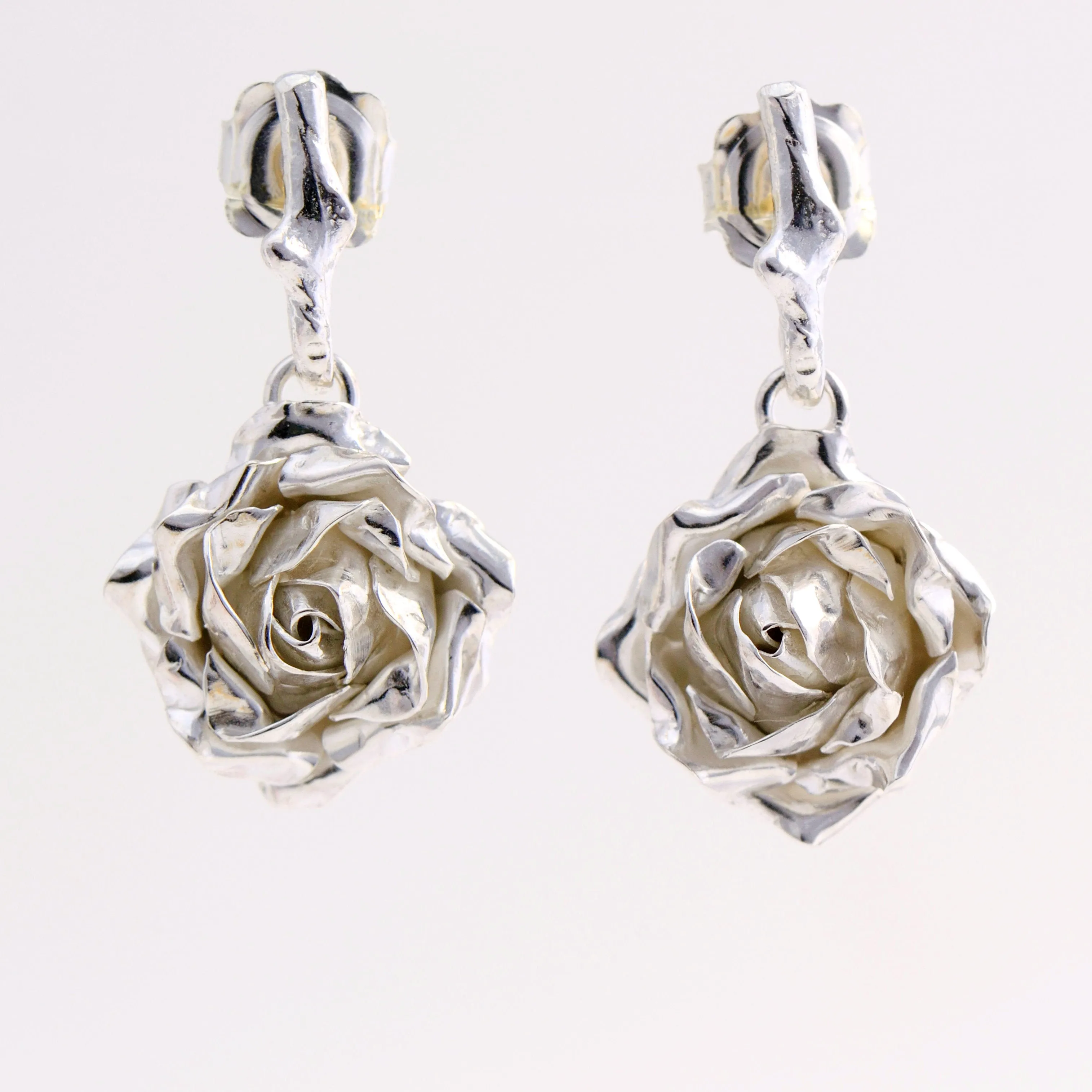 Silver medium rose earrings- dangling rose earrings
