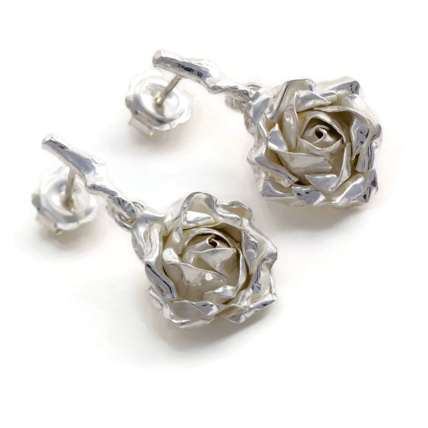 Silver medium rose earrings- dangling rose earrings