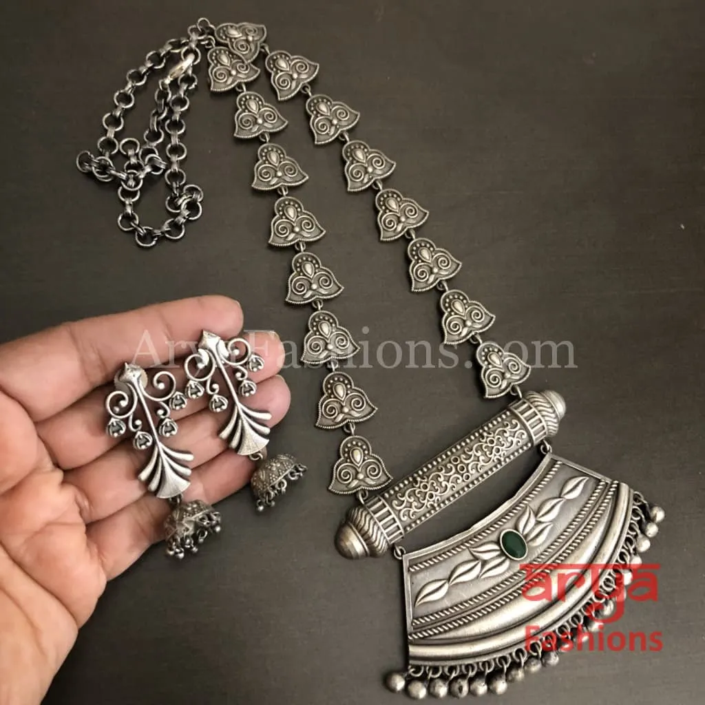 Siya Blue Red Green Oxidized Silver Long Statement Necklace