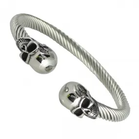 Skull Heads Stainless Steel Twisted Cable Bangle