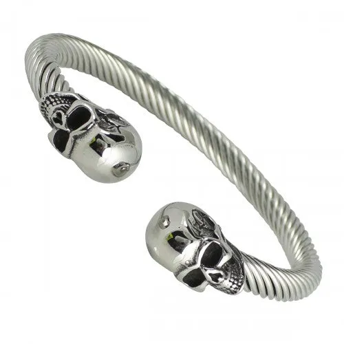 Skull Heads Stainless Steel Twisted Cable Bangle