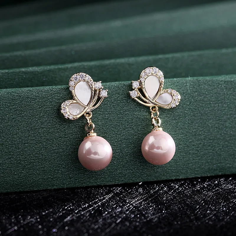 Small shell pearl earrings silver needle short zircon butterfly earrings