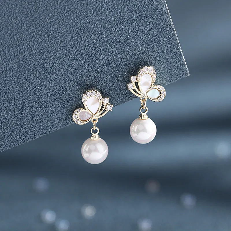 Small shell pearl earrings silver needle short zircon butterfly earrings