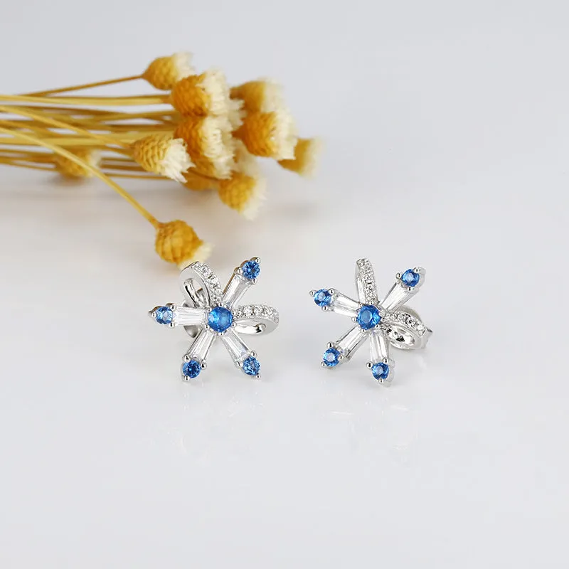 Snowflake Bow with Blue Zircon Silver Studs Earrings for Women