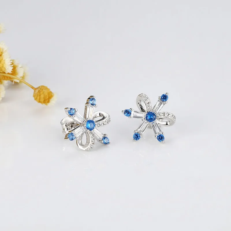 Snowflake Bow with Blue Zircon Silver Studs Earrings for Women