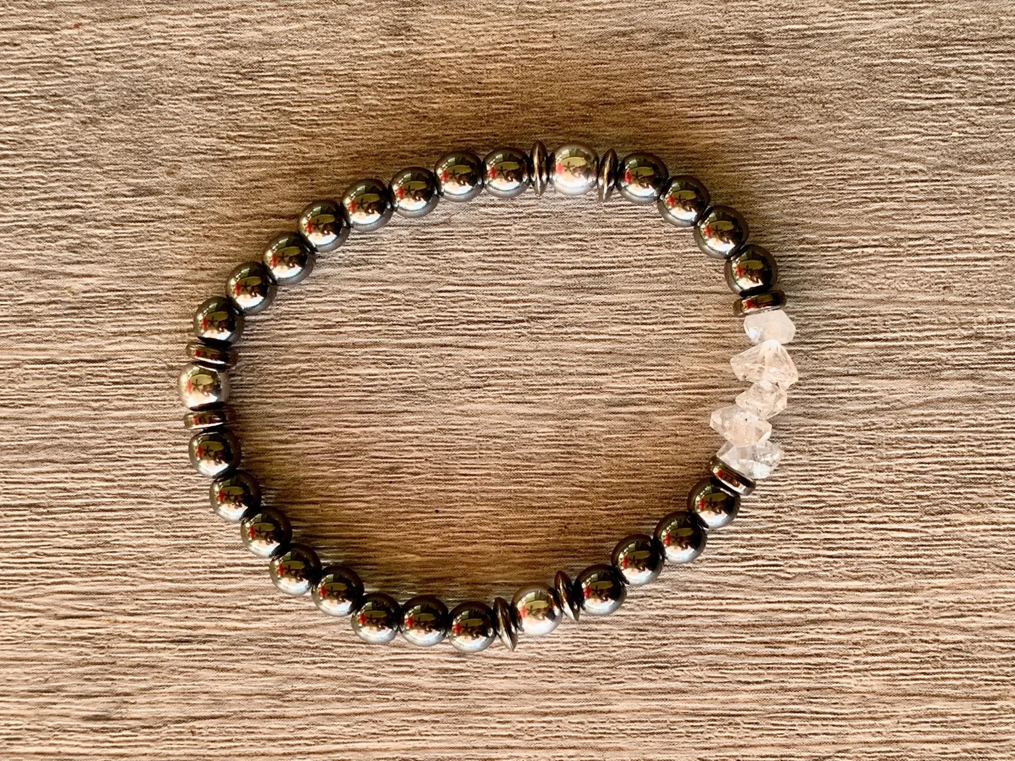 🔴SOLD🔴Todd Handmade Herkimer Diamonds, Hematite, and Magnetic Hematite Expandable Bracelet