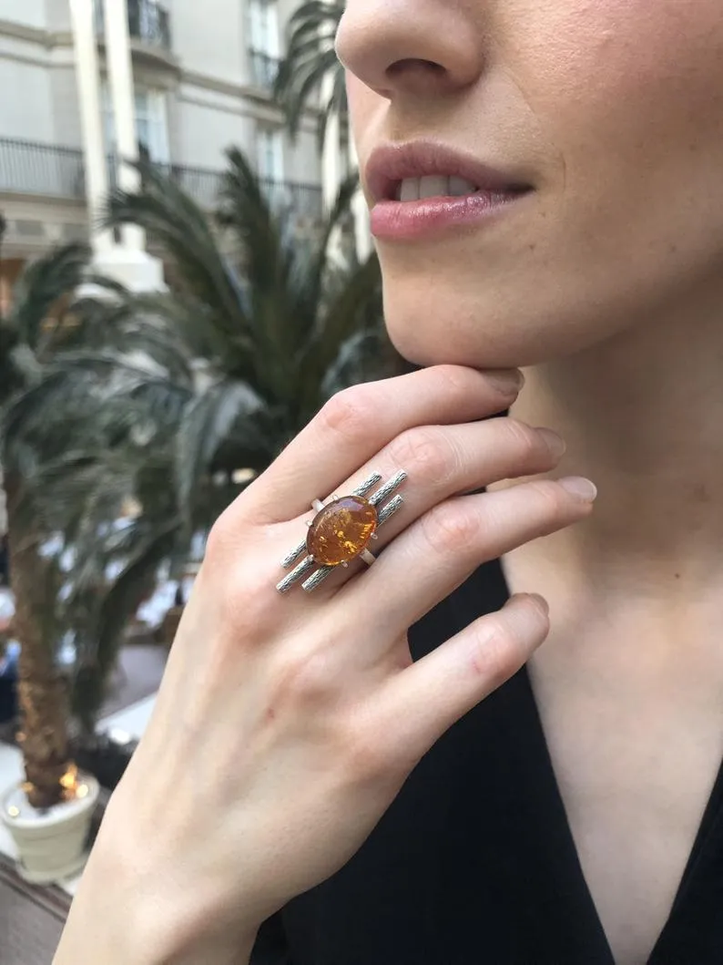 Statement Amber Silver Ring, Natural Amber Ring, Long Amber Ring