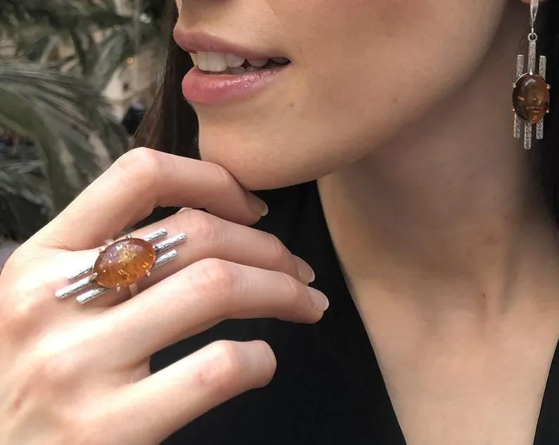 Statement Amber Silver Ring, Natural Amber Ring, Long Amber Ring