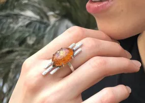 Statement Amber Silver Ring, Natural Amber Ring, Long Amber Ring