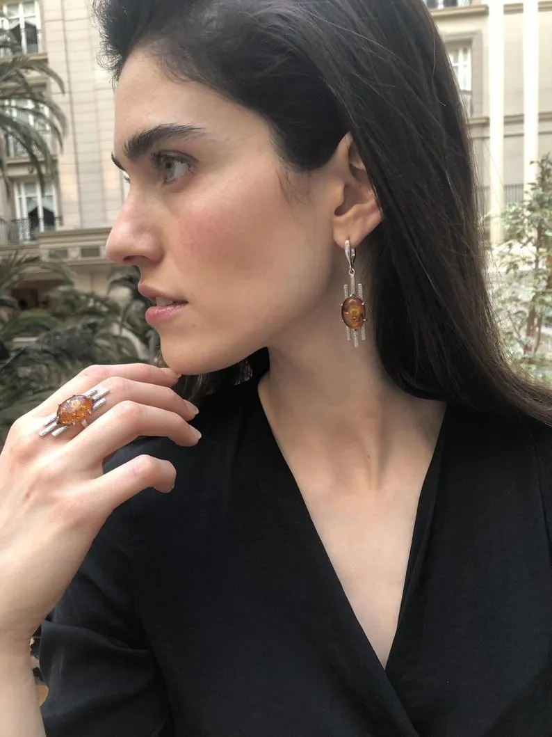 Statement Amber Silver Ring, Natural Amber Ring, Long Amber Ring