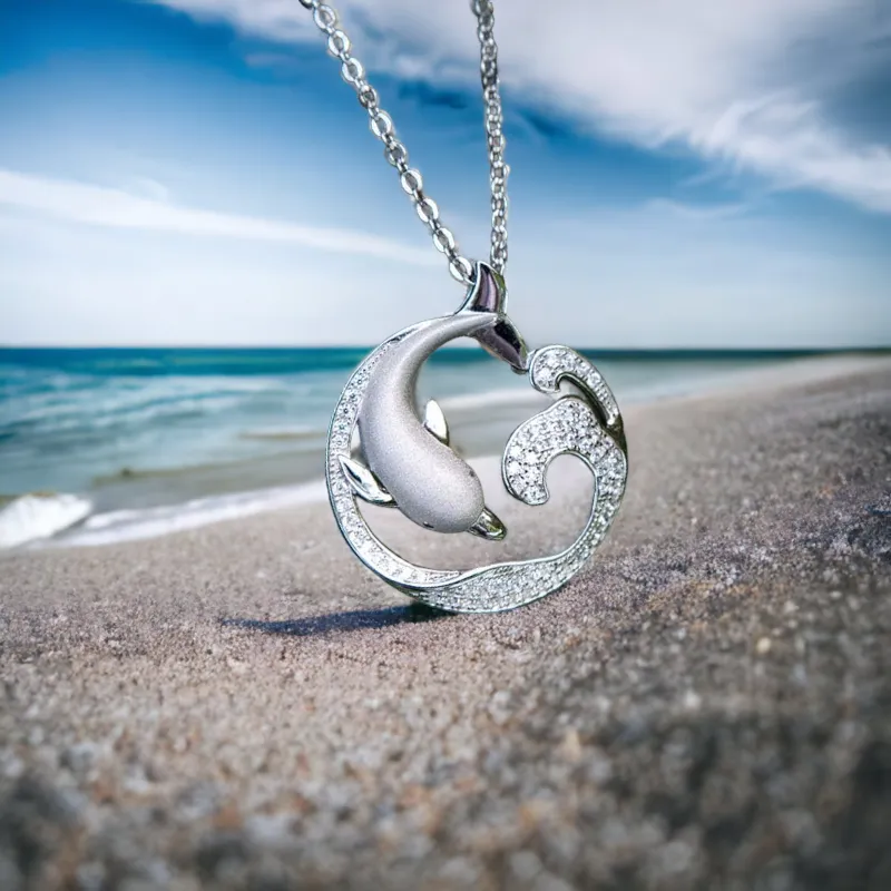 Sterling Silver Alamea Dolphin Ocean Wave Pave CZ Pendant
