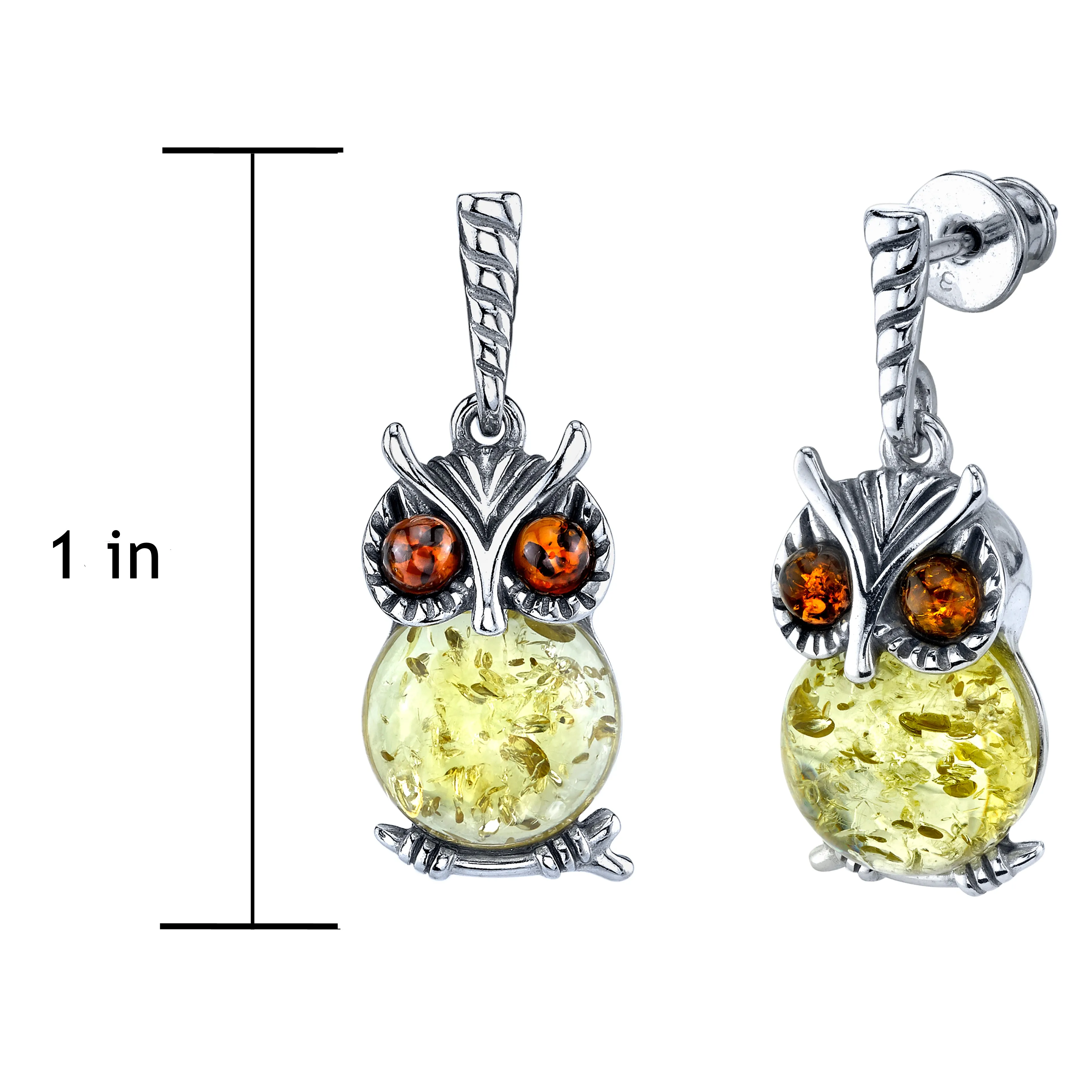 Sterling Silver Cognac Lemon Baltic Amber Drop Dangle Owl Wisdom Earrings