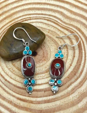 Sterling Silver Gemstone Coral and Turquoise Tibetan Oval Shape Earrings