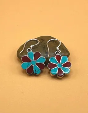 Sterling Silver Gemstone Tibetan Turquoise and Coral Flower Earrings