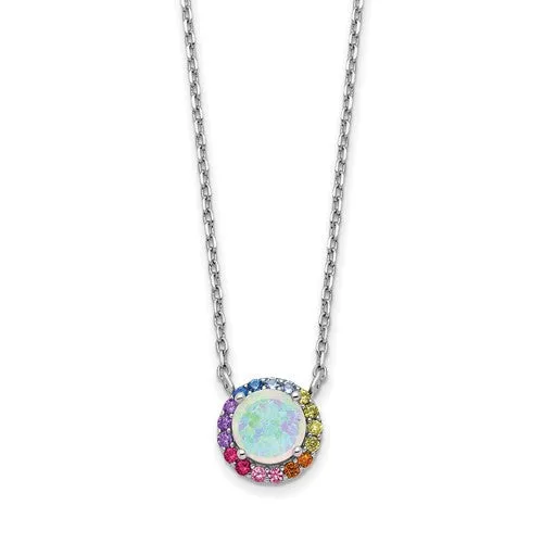 Sterling Silver Opal And Colorful Rainbow CZ Halo Necklace