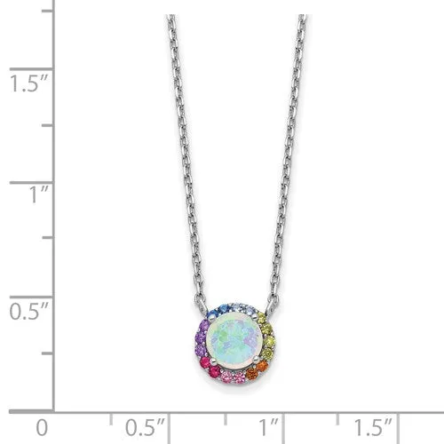 Sterling Silver Opal And Colorful Rainbow CZ Halo Necklace