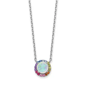 Sterling Silver Opal And Colorful Rainbow CZ Halo Necklace