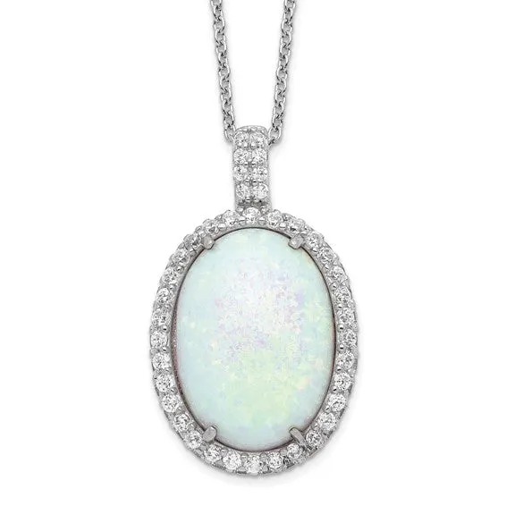 Sterling Silver Oval Opal & CZ Halo Pendant Necklace