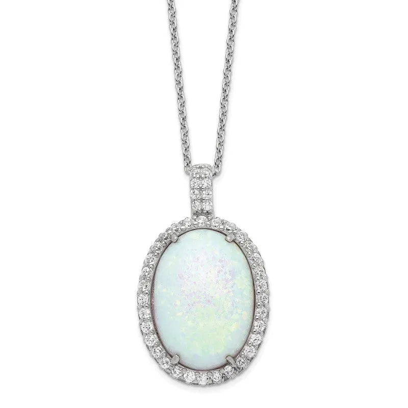 Sterling Silver Oval Opal & CZ Halo Pendant Necklace