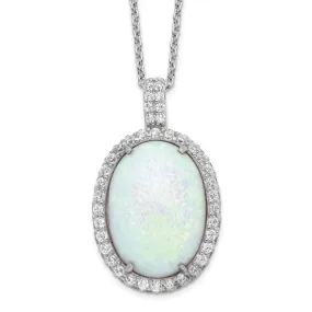 Sterling Silver Oval Opal & CZ Halo Pendant Necklace