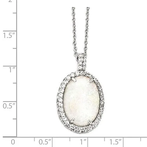 Sterling Silver Oval Opal & CZ Halo Pendant Necklace