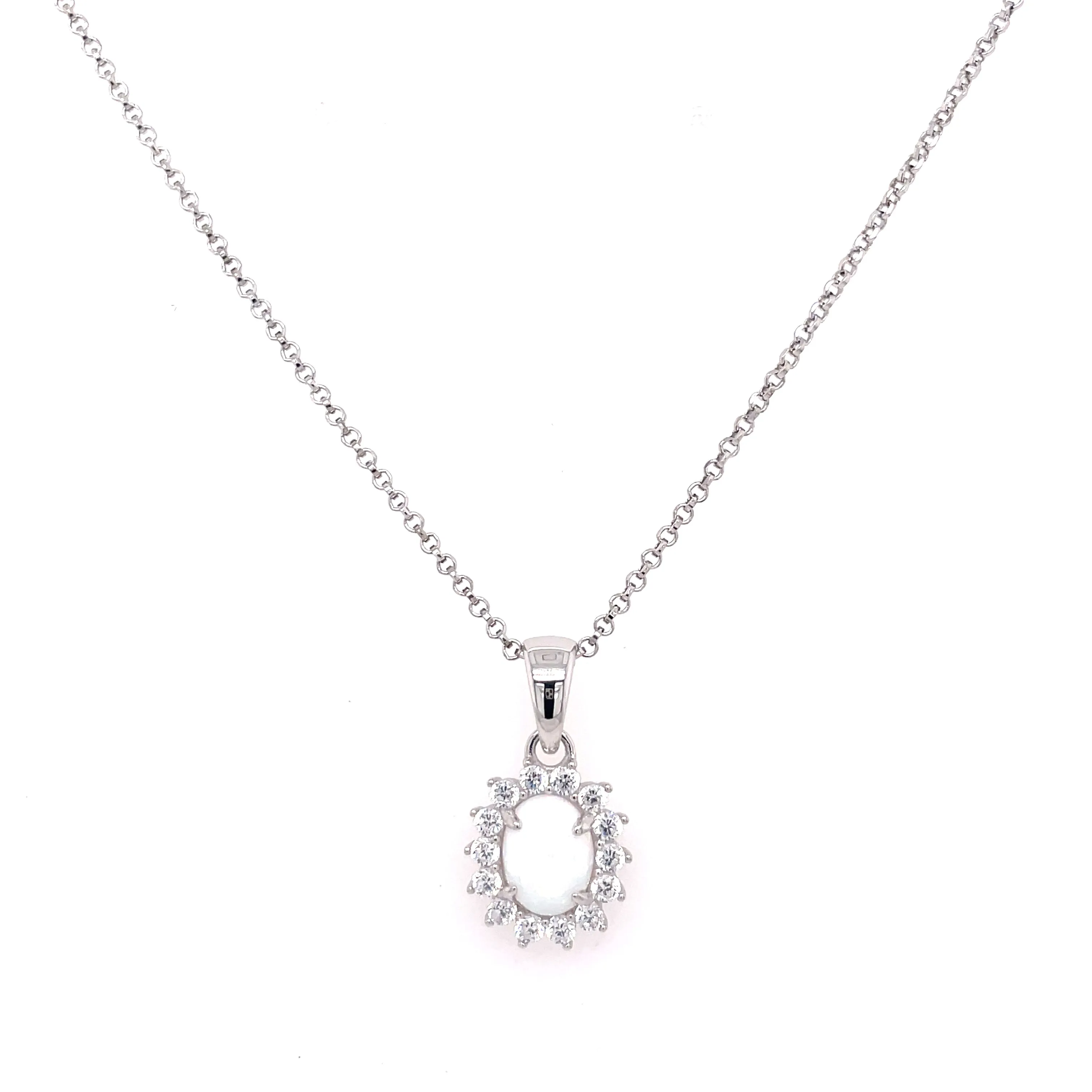 Sterling Silver Oval Opal & White CZ Halo Necklace