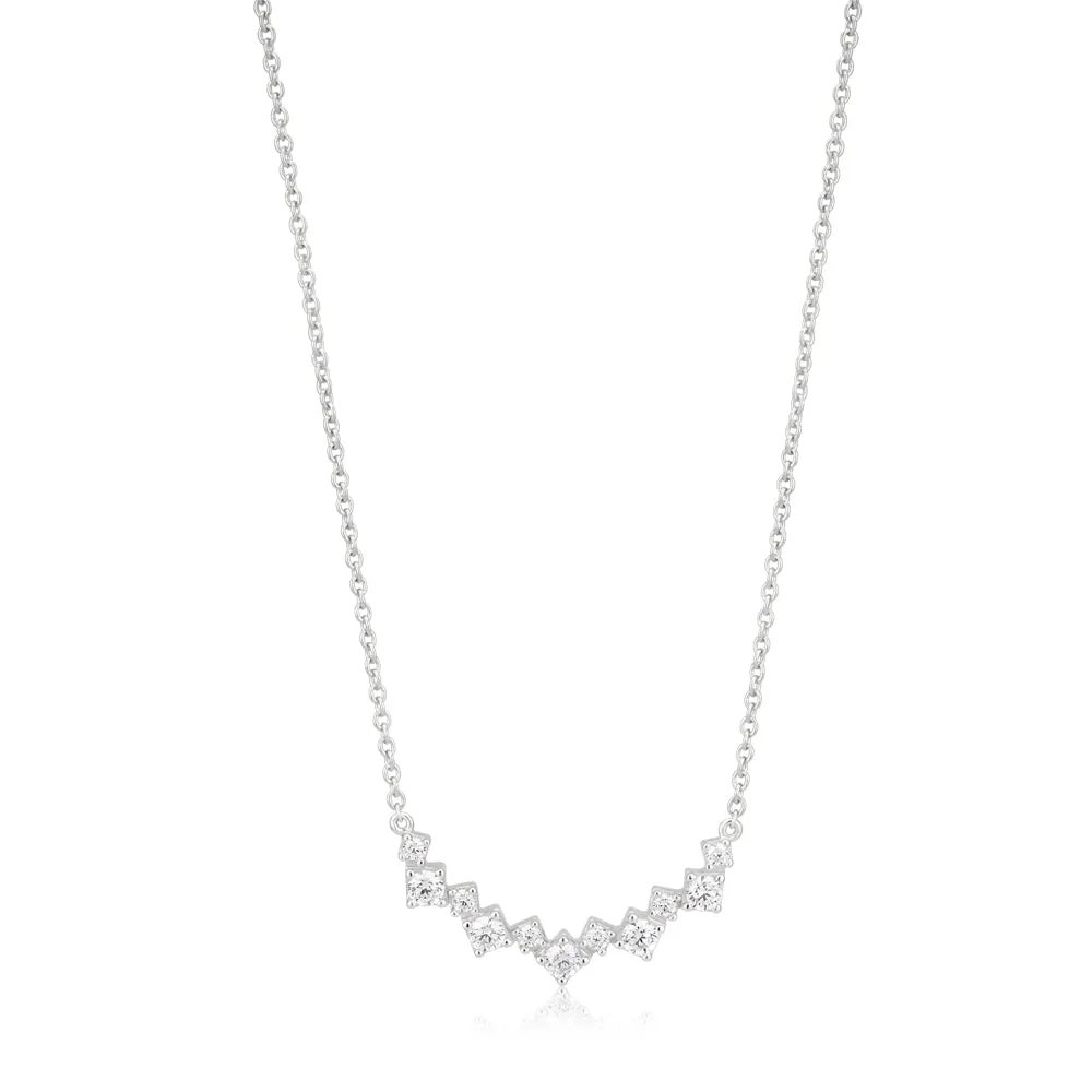 Sterling Silver Rhodium Plated Cubic Zirconia Fancy Curve Bar Necklace 40cm 5cm