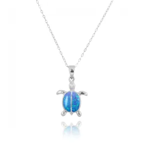 Sterling Silver Turtle with 2 Blue Opal Stones Pendant Necklace