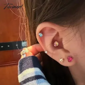 Tavimart 5Pcs Cute Colorful Zircon Heart Stud Earrings for Women Girls Sweet Mini Small Round Piercing Earrings Wedding Jewelry Gifts