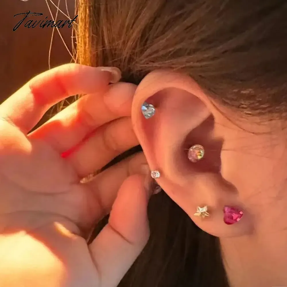 Tavimart 5Pcs Cute Colorful Zircon Heart Stud Earrings for Women Girls Sweet Mini Small Round Piercing Earrings Wedding Jewelry Gifts