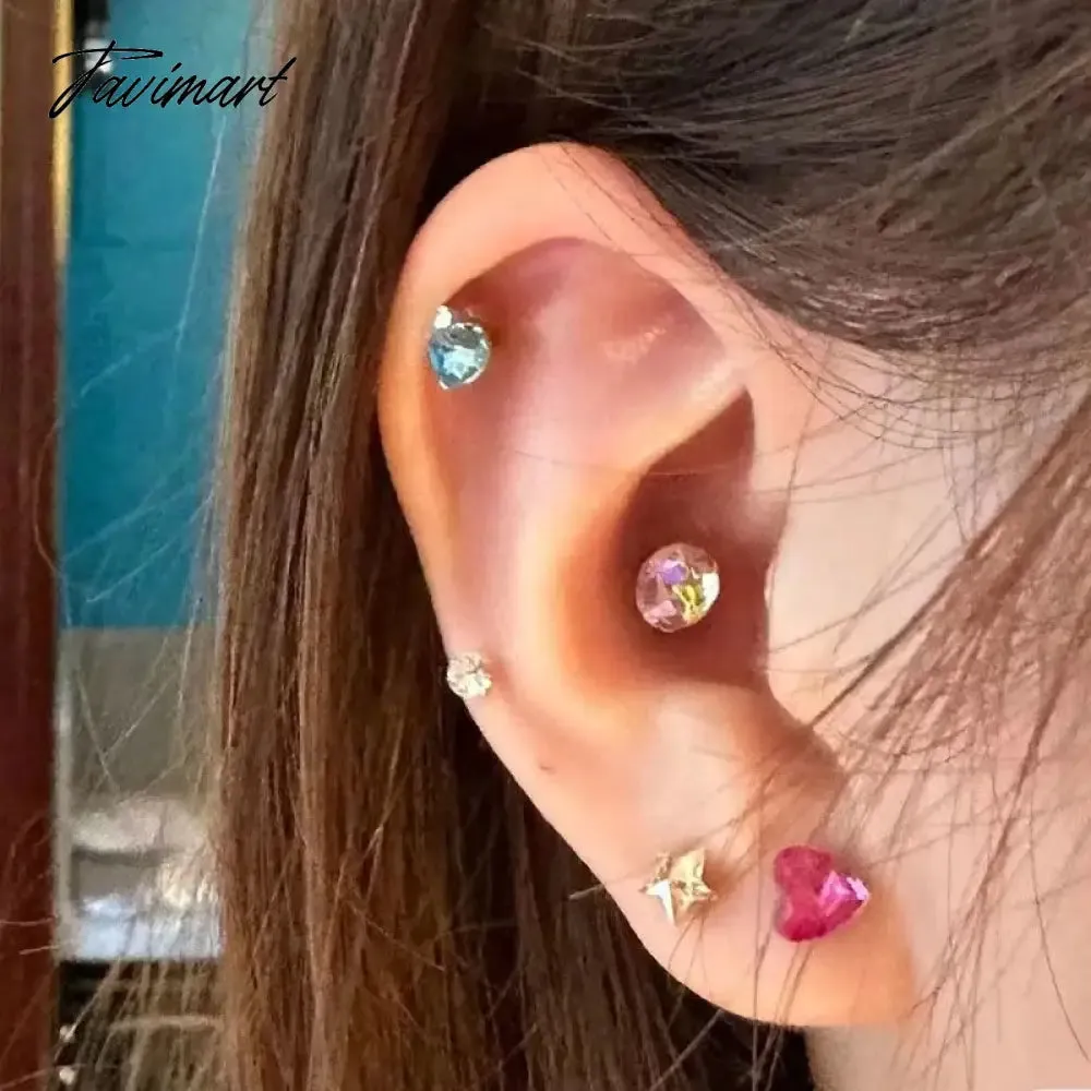 Tavimart 5Pcs Cute Colorful Zircon Heart Stud Earrings for Women Girls Sweet Mini Small Round Piercing Earrings Wedding Jewelry Gifts