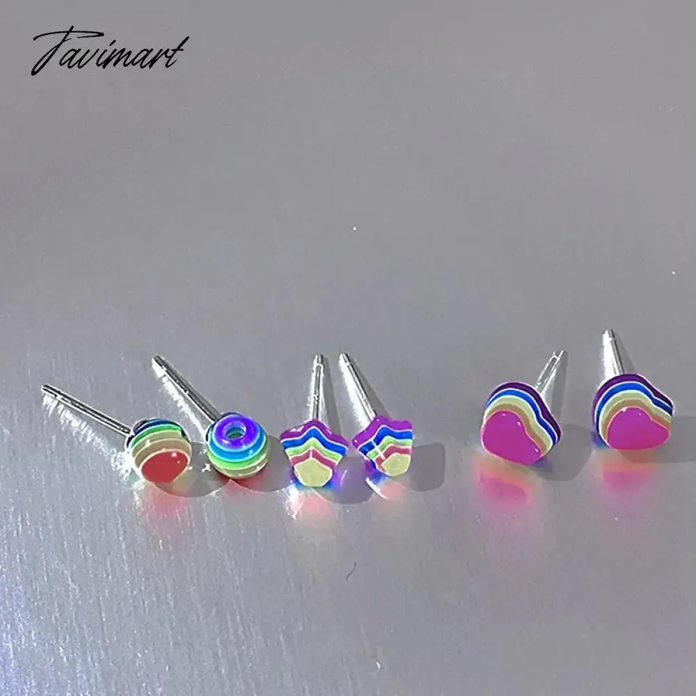 Tavimart 5Pcs Cute Colorful Zircon Heart Stud Earrings for Women Girls Sweet Mini Small Round Piercing Earrings Wedding Jewelry Gifts